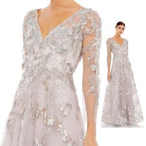 Mac Duggal Size 8 Pastel Light Purple Floral Long Sleeve A-Line Maxi Dress Gown‎